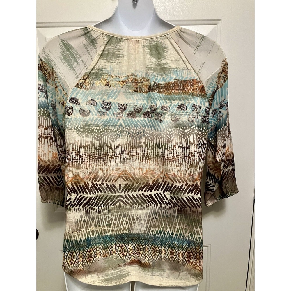 Chico's Women's Sz 2 Large Shirt Art to Wear Boho Brown‎ Tan Peasant Top Blouse - Picture 4 of 5